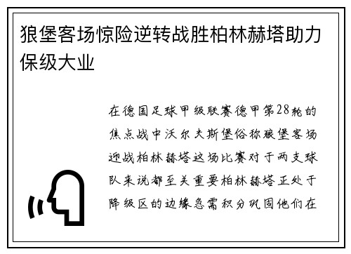 狼堡客場驚險逆轉戰(zhàn)勝柏林赫塔助力保級大業(yè)